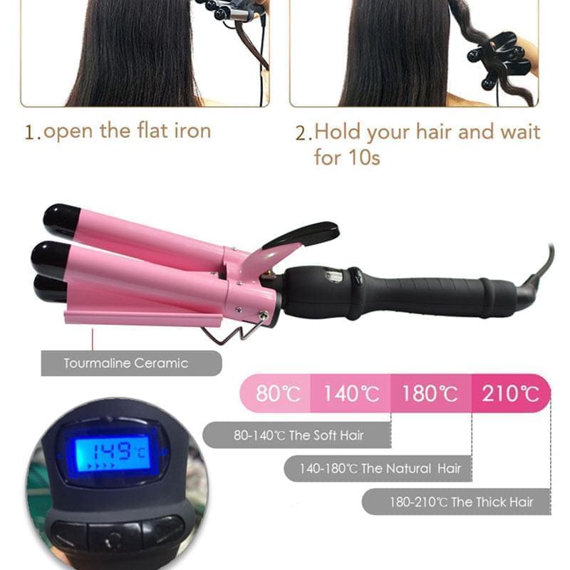 3 Barrel Hair Curling Iron Wand With LCD Temperature Display