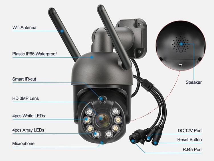 3MP Wireless Camera Security Audio Wifi P2P IP CCTV IR Outdoor Waterproof PTZ Camera SD Card