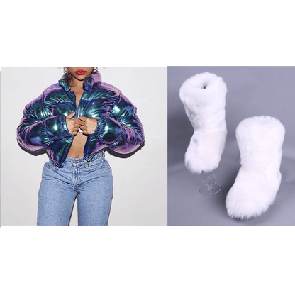 2021 Winter fashion designer lady girls sets furry women shoes snow women's boots with matching fur jacket coat