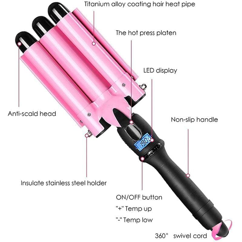 3 Barrel Hair Curling Iron Wand With LCD Temperature Display