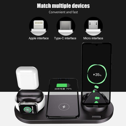 6 in 1 Wireless Charger Dock Station for iPhone/Android/Type-C USB Phones 10W Qi Fast Charging