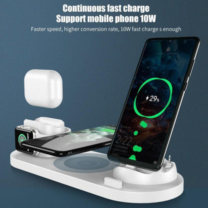 6 in 1 Wireless Charger Dock Station for iPhone/Android/Type-C USB Phones 10W Qi Fast Charging