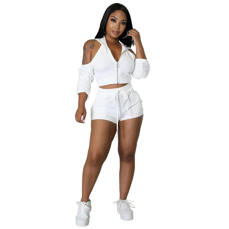 Solid Color Zip Pleated Sleeves Sexy Backless Women Sweatsuit Set Tracksuit Two Piece Set Women Clothing Shorts