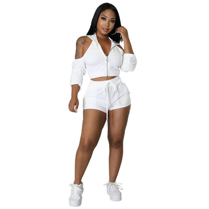 Solid Color Zip Pleated Sleeves Sexy Backless Women Sweatsuit Set Tracksuit Two Piece Set Women Clothing Shorts