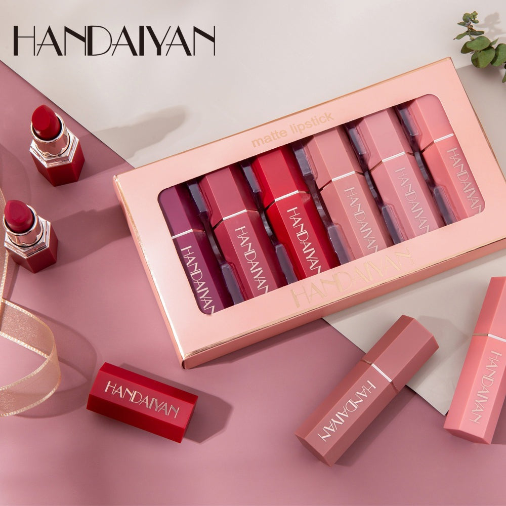 Handaiyan organic vegan low price creamy velvet mate lipstick set 6 in 1 waterproof mineral color stay romantic unique lipstick