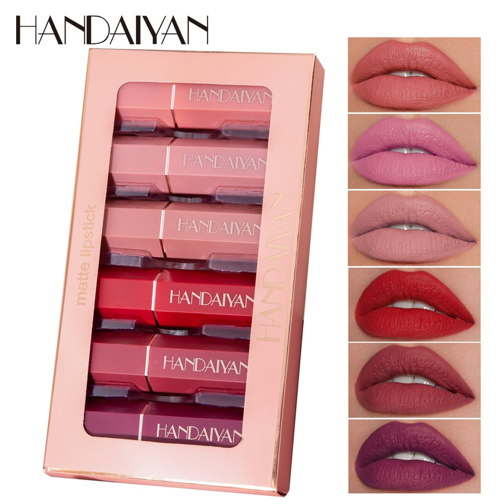 Handaiyan organic vegan low price creamy velvet mate lipstick set 6 in 1 waterproof mineral color stay romantic unique lipstick