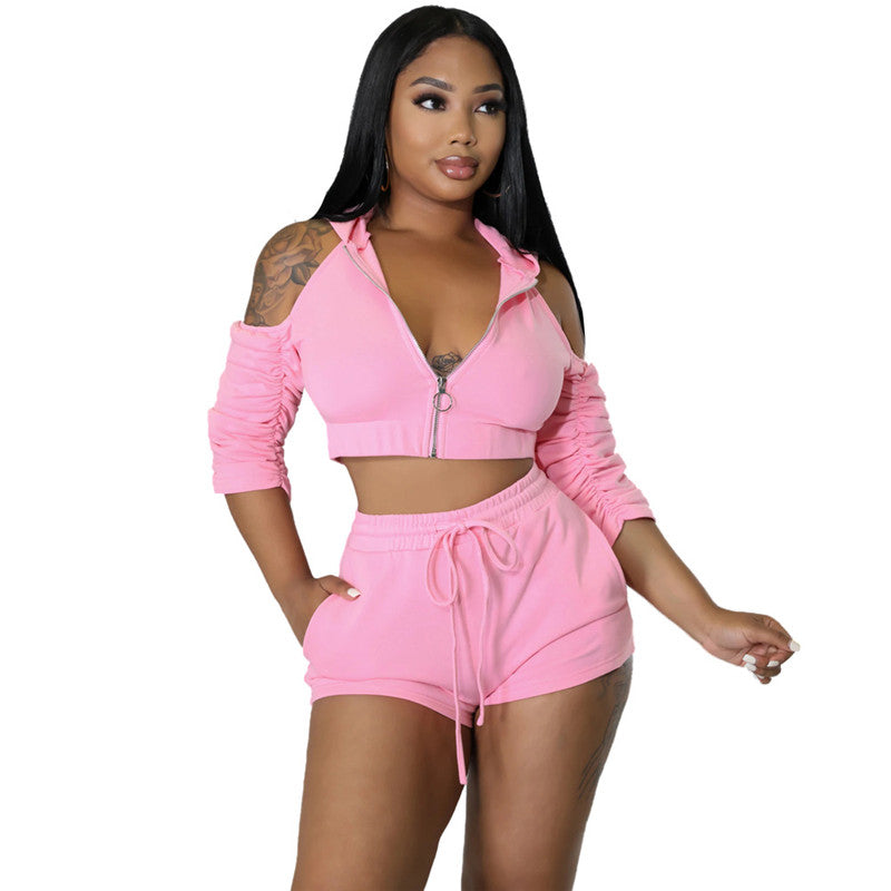 Solid Color Zip Pleated Sleeves Sexy Backless Women Sweatsuit Set Tracksuit Two Piece Set Women Clothing Shorts