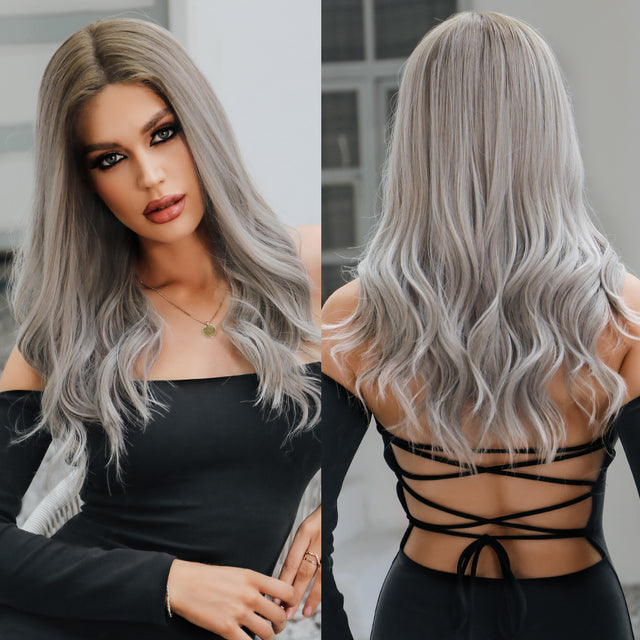 HAIRCUBE Wigs Factory Ombre Grey Long Wavy Synthetic Lace Part Hair Wigs For Women Heat Resistant Fiber Daily Use wigs supplier