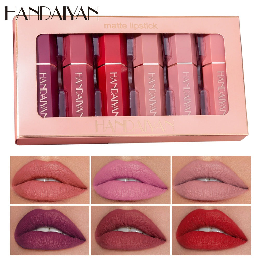 Handaiyan organic vegan low price creamy velvet mate lipstick set 6 in 1 waterproof mineral color stay romantic unique lipstick