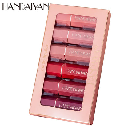 Handaiyan organic vegan low price creamy velvet mate lipstick set 6 in 1 waterproof mineral color stay romantic unique lipstick