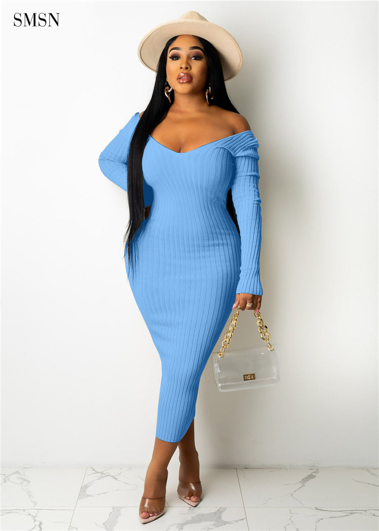 Women Elegant Vintage Long Sleeve Design cold shoulder Women Clothes V-neck Casual Sweater Dress Bodycon elegant casual dresses