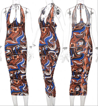 Tie Dye Print Dresses Women Backless V Neck Halter Midi Dress Ruched Bodycon Sexy Streetwear Party Night Club Y2K C13997