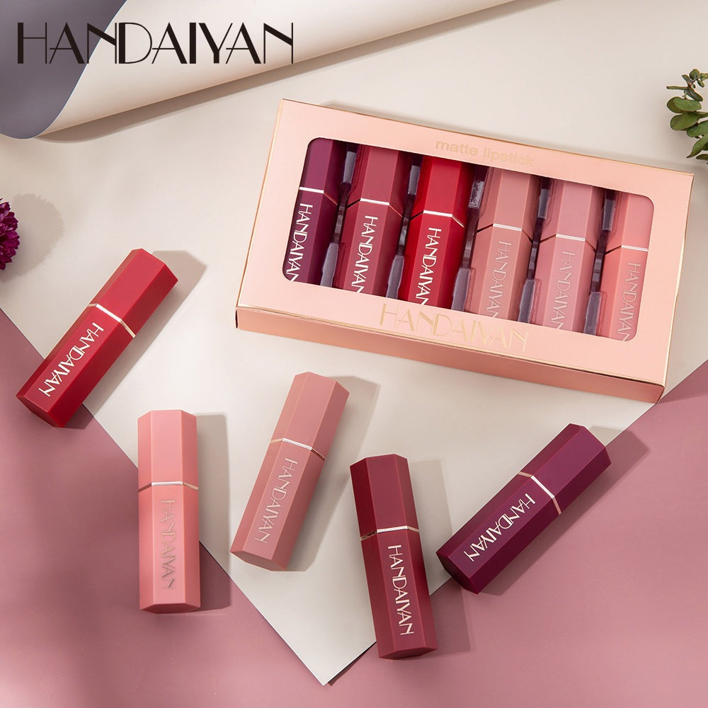 Handaiyan organic vegan low price creamy velvet mate lipstick set 6 in 1 waterproof mineral color stay romantic unique lipstick