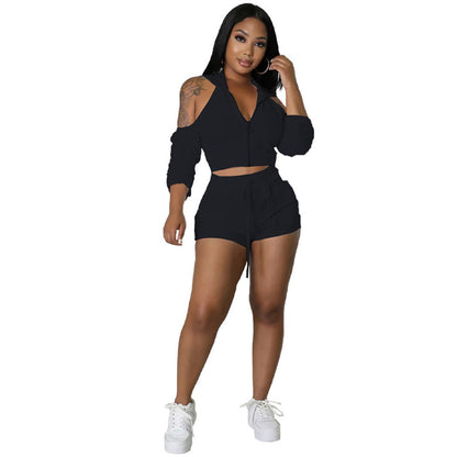 Solid Color Zip Pleated Sleeves Sexy Backless Women Sweatsuit Set Tracksuit Two Piece Set Women Clothing Shorts