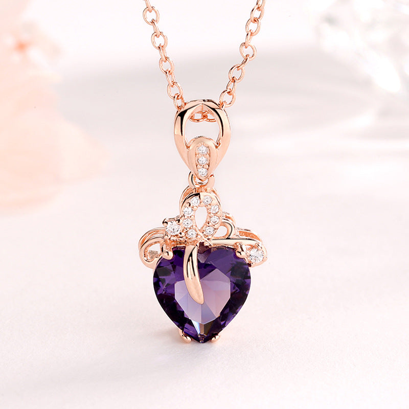 Drop shipping 14K rose gold color necklace purple heart pendant female gemstone chain jewelry clavicle chalcedony peridot