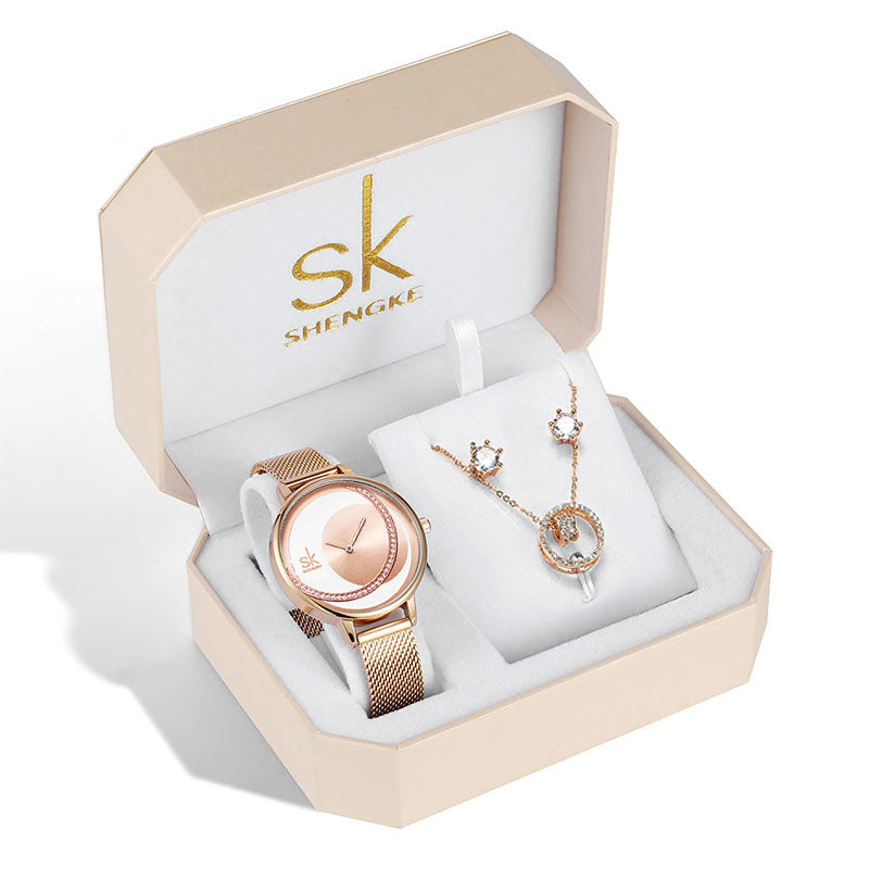 SHENGKE SK Luxury Jewelry Watches Set Bracelets & Bangles Watch Earring Necklace Jewelry Sets Box Dress Watches Sets 95001