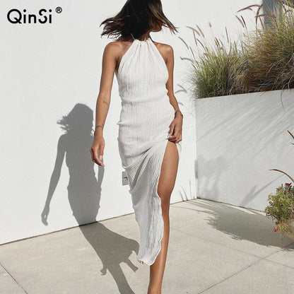 QINSI Mode Eenvoudige Stretch Strakke Halter Hollow Vrouwen Jurk 2022 Zomer Nieuwe Polyester 100% Elegant Chic Street Party Dres