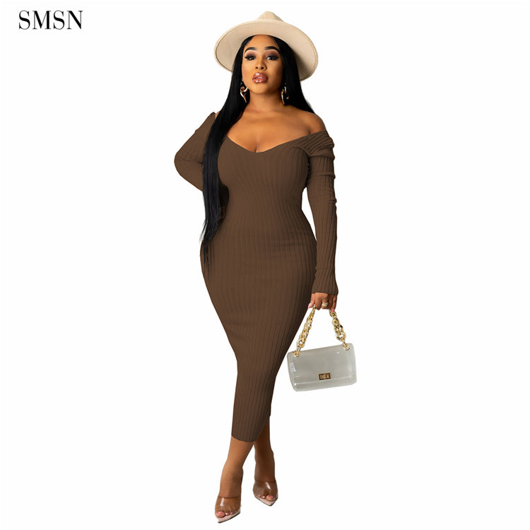 Women Elegant Vintage Long Sleeve Design cold shoulder Women Clothes V-neck Casual Sweater Dress Bodycon elegant casual dresses