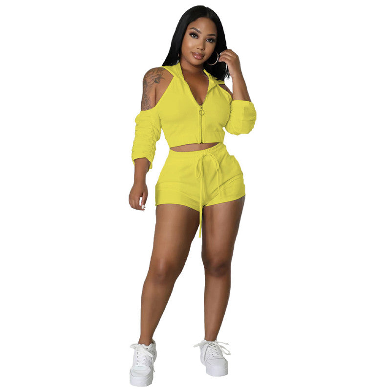 Solid Color Zip Pleated Sleeves Sexy Backless Women Sweatsuit Set Tracksuit Two Piece Set Women Clothing Shorts