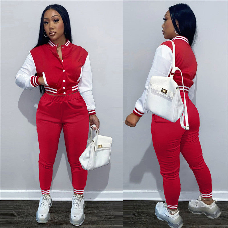 Spring Fall Crop Jogging Tracksuit Women Varsiti Jacket Sets Baseball Sweatsuit Vasiti Jacket Two Piece Set Tracksuit For Women