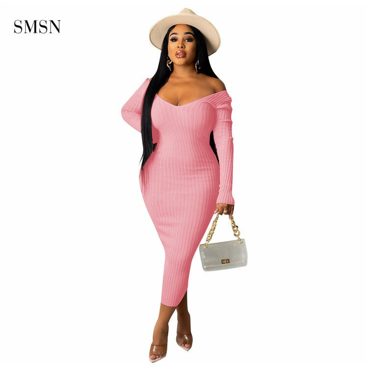 Women Elegant Vintage Long Sleeve Design cold shoulder Women Clothes V-neck Casual Sweater Dress Bodycon elegant casual dresses