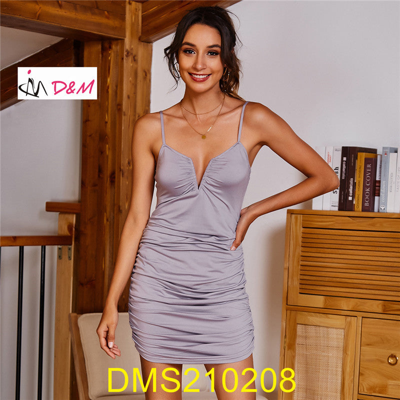 D&M Fashion New Trendy Cheap Summer Club Dresses Women Casual Mini Bodycon Dress Solid Color Sexy Ruffle Party Lady Dress