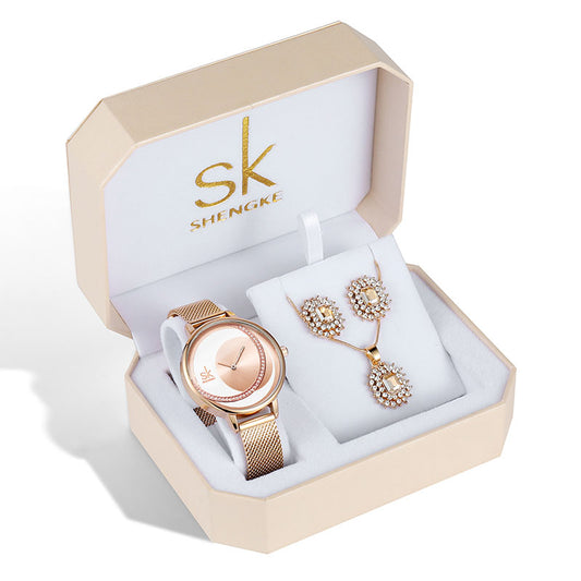 SHENGKE SK Luxury Jewelry Watches Set Bracelets & Bangles Watch Earring Necklace Jewelry Sets Box Dress Watches Sets 95001