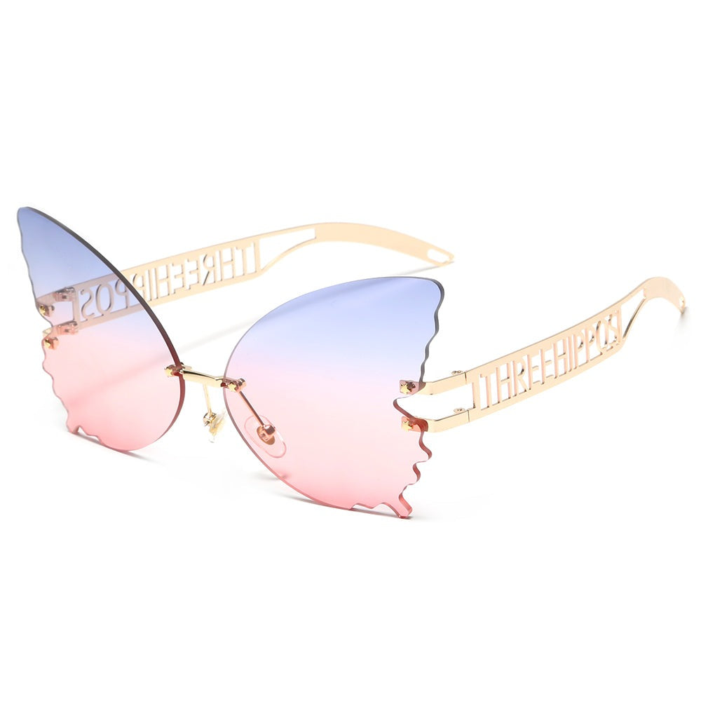 THREE HIPPOS 2020 new arrivals Big Butterfly shaped sunglasses metal framework Rimless Shades Colorful party Sun Glasses