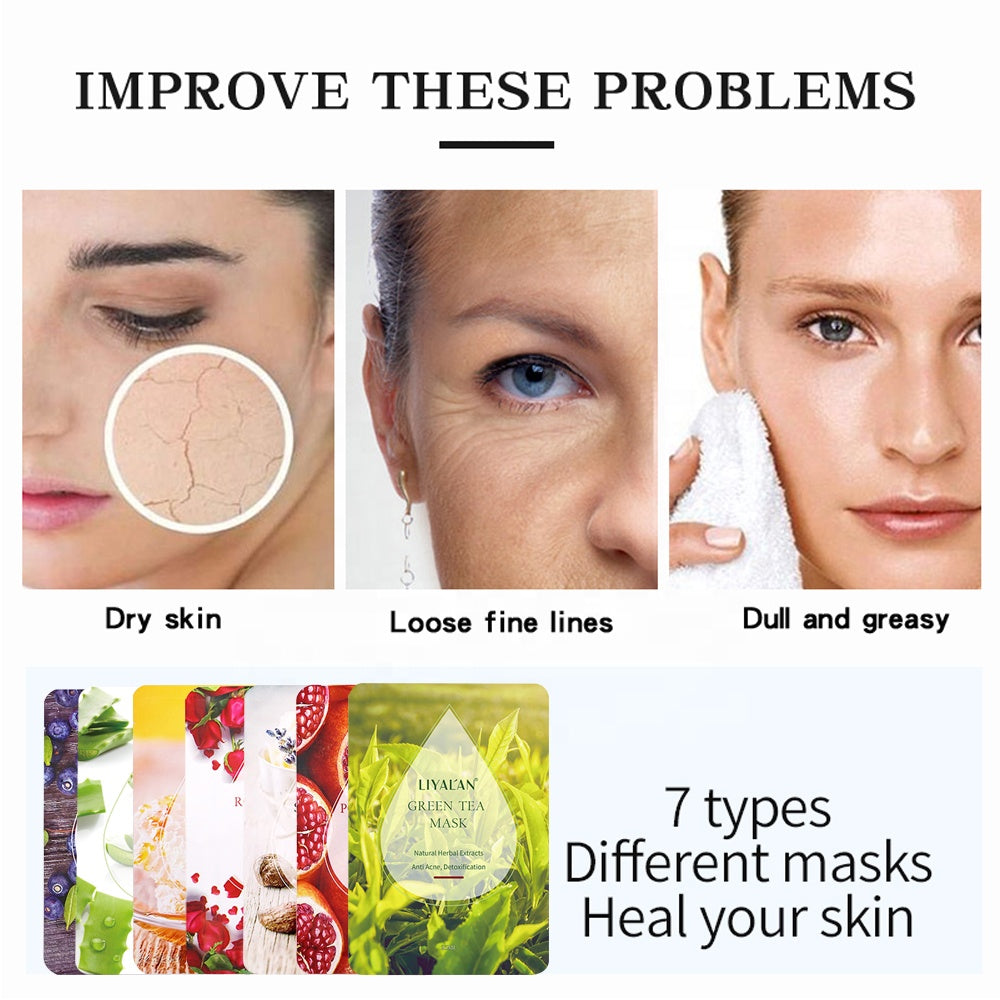 Beauty Mascarillasl Facial Skin Oil Control Whitening Face Skin Care Sheet Mask 7PCS Natural Plant Fruit Facial Mask