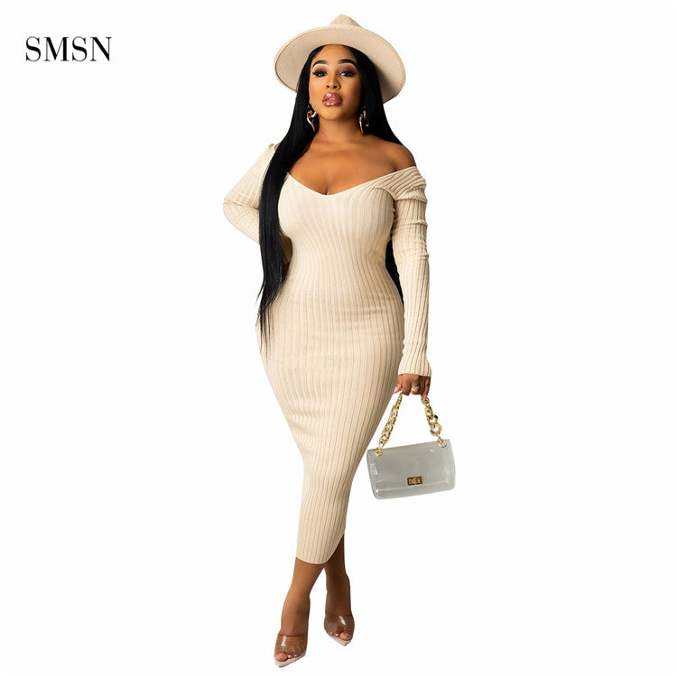 Women Elegant Vintage Long Sleeve Design cold shoulder Women Clothes V-neck Casual Sweater Dress Bodycon elegant casual dresses