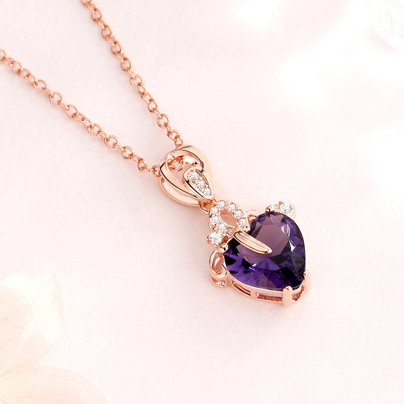 Drop shipping 14K rose gold color necklace purple heart pendant female gemstone chain jewelry clavicle chalcedony peridot