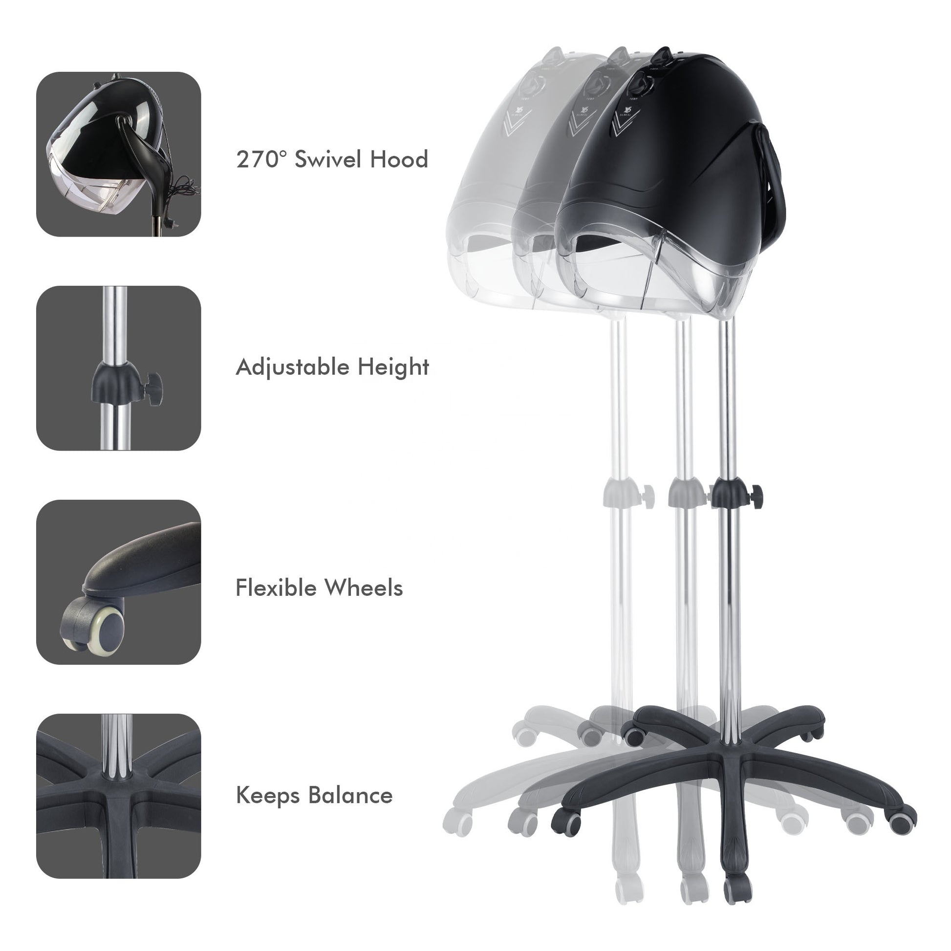 YABOLI Professional Standing Hooded Stand-Up Hair Bonnet Dryer with Rolling Base for Salon