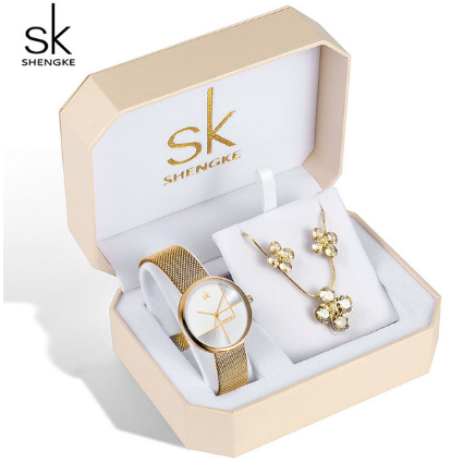 SHENGKE SK Luxury Jewelry Watches Set Bracelets & Bangles Watch Earring Necklace Jewelry Sets Box Dress Watches Sets 95001