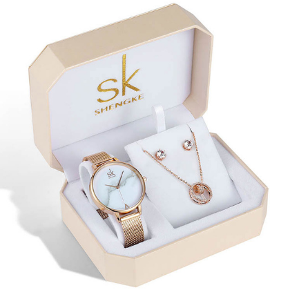 SHENGKE SK Luxury Jewelry Watches Set Bracelets & Bangles Watch Earring Necklace Jewelry Sets Box Dress Watches Sets 95001