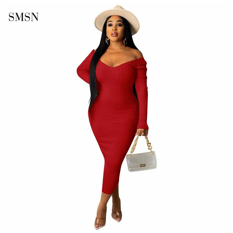 Women Elegant Vintage Long Sleeve Design cold shoulder Women Clothes V-neck Casual Sweater Dress Bodycon elegant casual dresses