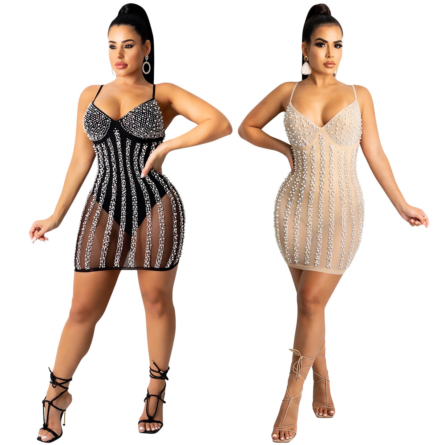 GX5238X New Arrival Nightclub Prom Dresses Hot Drilling Mesh Sexy See Through V-Neck Sling Backless Birthday Party Mini Dress