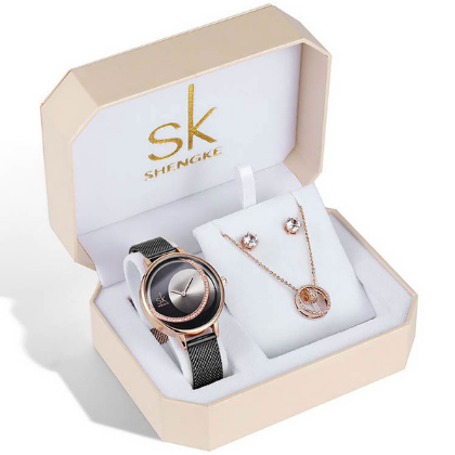 SHENGKE SK Luxury Jewelry Watches Set Bracelets & Bangles Watch Earring Necklace Jewelry Sets Box Dress Watches Sets 95001