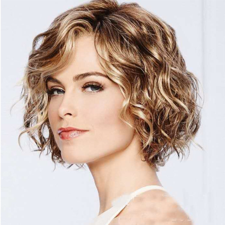 Ladies Oblique Bangs Fluffy Short Curly Hair Wig Headgear Natural Closed Wig