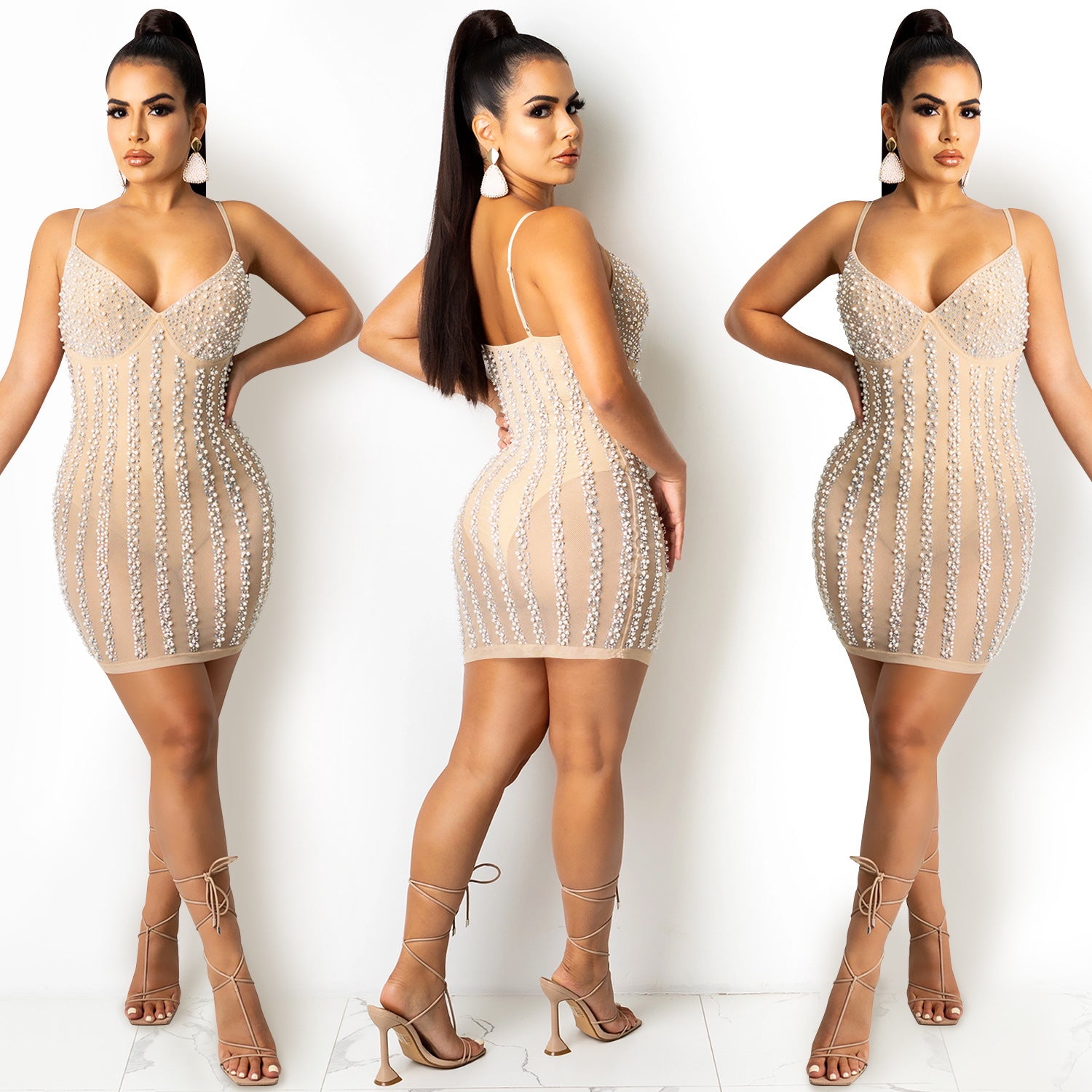 GX5238X New Arrival Nightclub Prom Dresses Hot Drilling Mesh Sexy See Through V-Neck Sling Backless Birthday Party Mini Dress