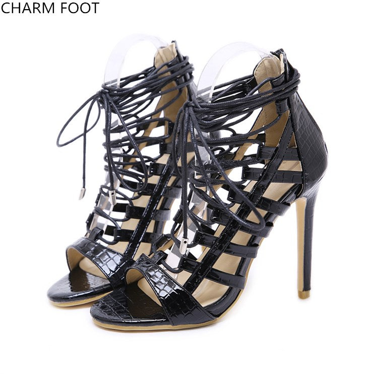 pu summer fashion hollow out snake print high heel sandals