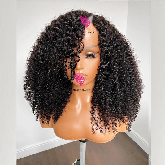 Mongolian Afro Kinky Curly Human Hair Wig V Part Wig 180 Density For Black Women Glueless Remy Hair Upart 30 Inch 4B 4C