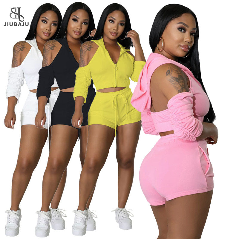 Solid Color Zip Pleated Sleeves Sexy Backless Women Sweatsuit Set Tracksuit Two Piece Set Women Clothing Shorts