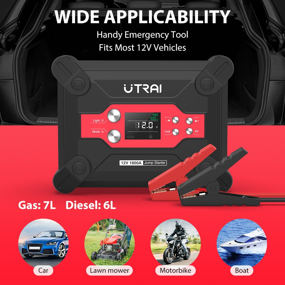 Utrai Car Jump Starter with Air Pump Inflator 1800A Battery Booster Starting Device with Air Compressor LED Light