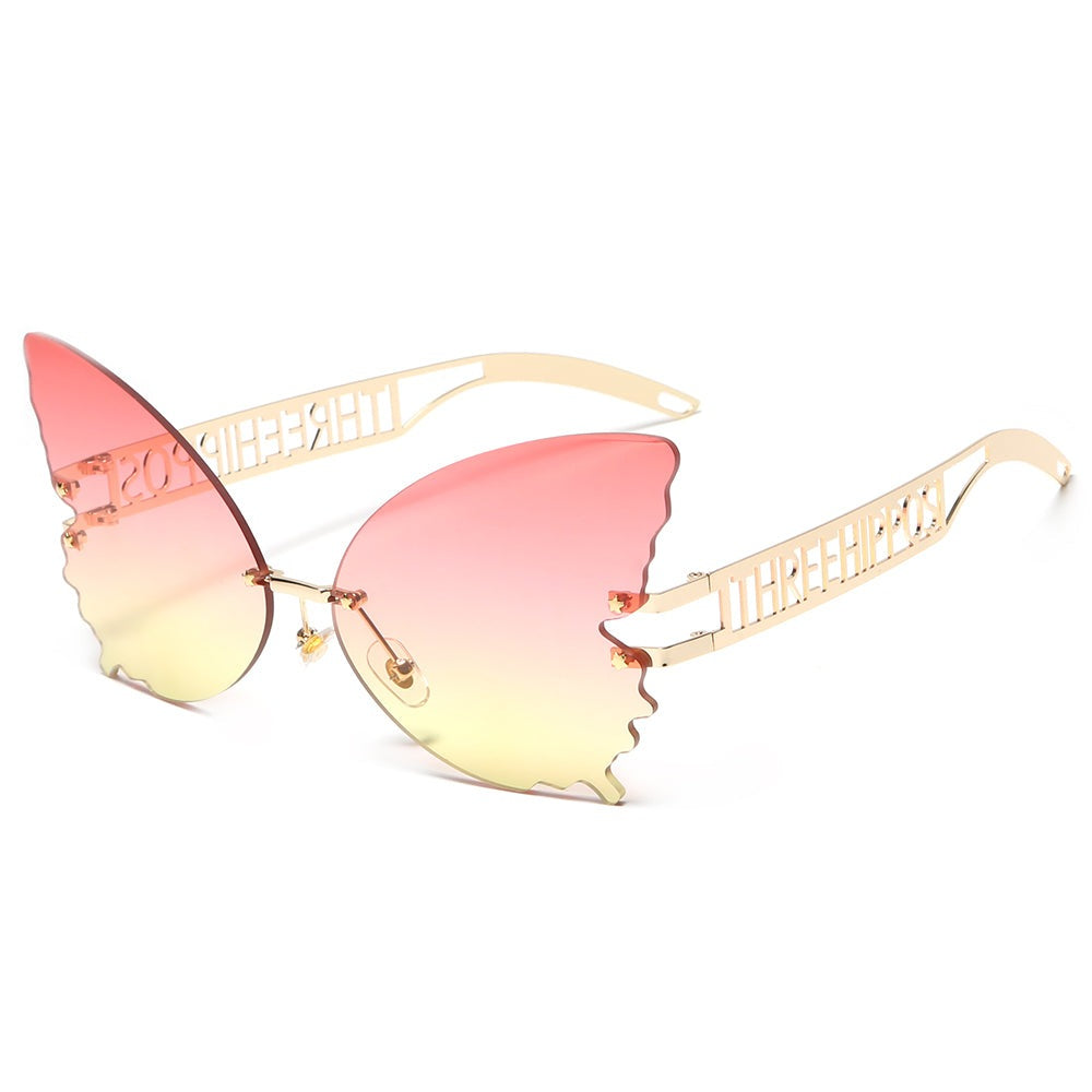 THREE HIPPOS 2020 new arrivals Big Butterfly shaped sunglasses metal framework Rimless Shades Colorful party Sun Glasses