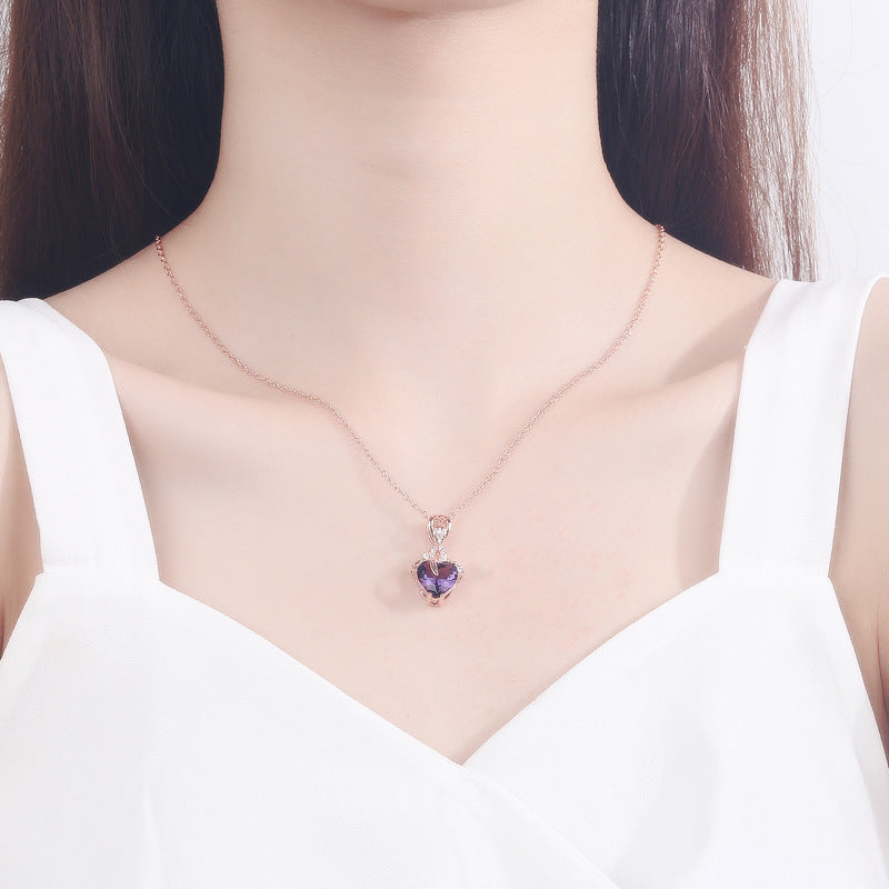 Drop shipping 14K rose gold color necklace purple heart pendant female gemstone chain jewelry clavicle chalcedony peridot