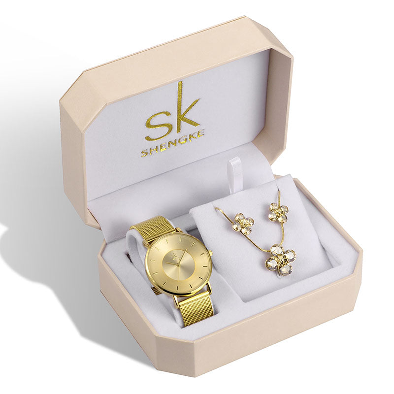 SHENGKE SK Luxury Jewelry Watches Set Bracelets & Bangles Watch Earring Necklace Jewelry Sets Box Dress Watches Sets 95001