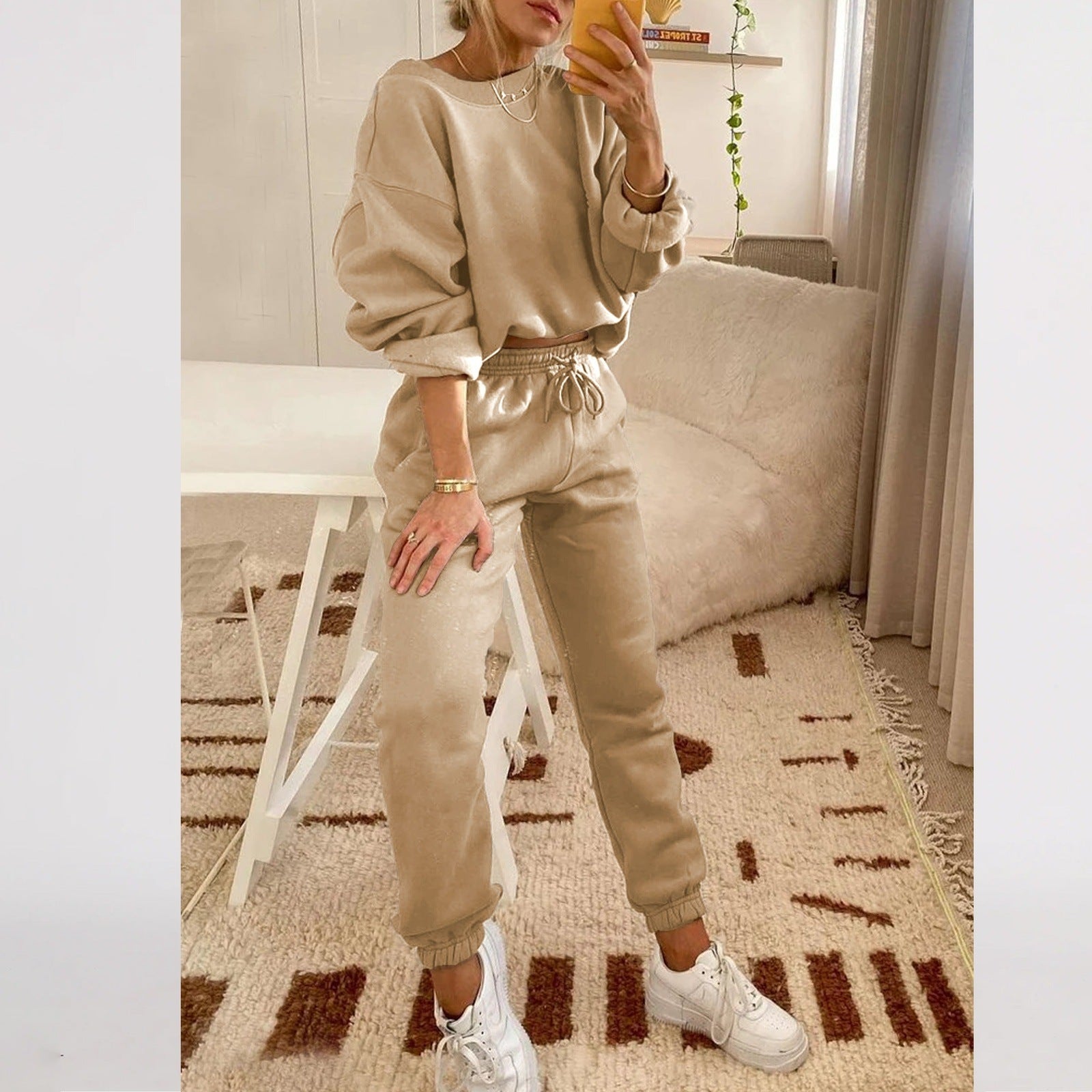 Dropshipping Women Clothing Vendor Wholesale Blank Brown Private Label Fleece Sweat Suits Set 2021