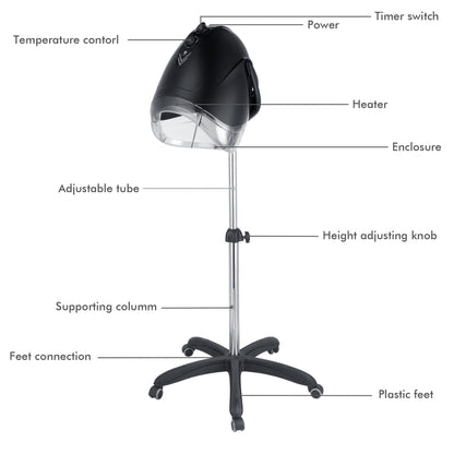 YABOLI Professional Standing Hooded Stand-Up Hair Bonnet Dryer with Rolling Base for Salon