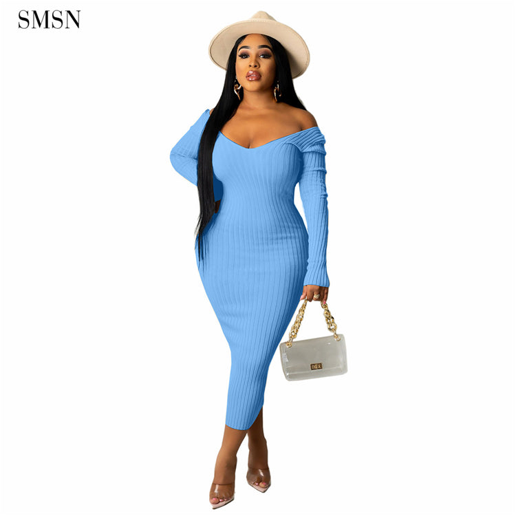 Women Elegant Vintage Long Sleeve Design cold shoulder Women Clothes V-neck Casual Sweater Dress Bodycon elegant casual dresses