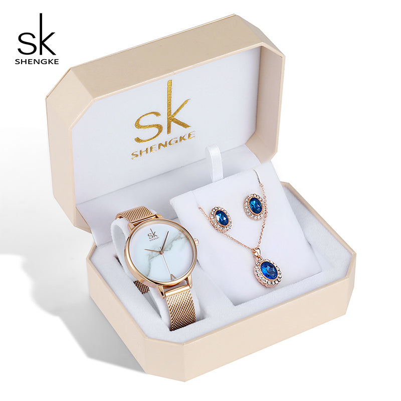 SHENGKE SK Luxury Jewelry Watches Set Bracelets & Bangles Watch Earring Necklace Jewelry Sets Box Dress Watches Sets 95001